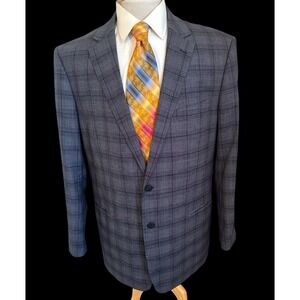 Renoir Mens Blue Plaid 2 Button Suit Jacket Blazer Jacket Notch‎ Lapel Sz 48L